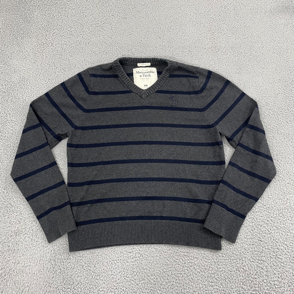 Y2K Abercrombie & Fitch Muscle Sweater Men 2XL Gray‎ Striped Preppy V-Neck